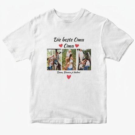 Personalisiertes Baumwoll-T-Shirt mit 3 Fotos und Text – Die besten Großeltern