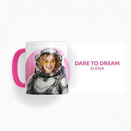 Personalisierte Tasse mit Foto und Text – Dare to Dream – Choose your planet