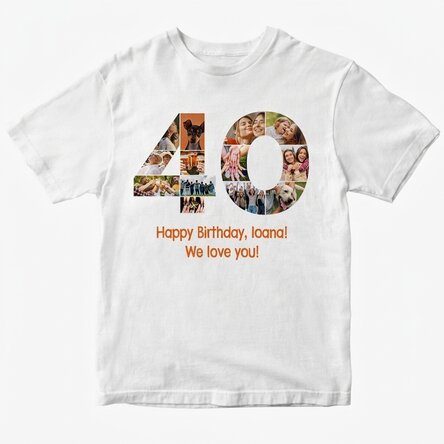 Personalisiertes Baumwoll-T-Shirt mit 13 Fotos und einer Botschaft – 40 Jahre