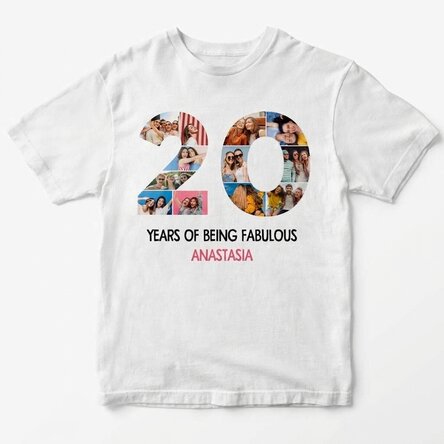 Personalisiertes Baumwoll-T-Shirt mit 12 Fotos und einer Botschaft – 20 Jahre