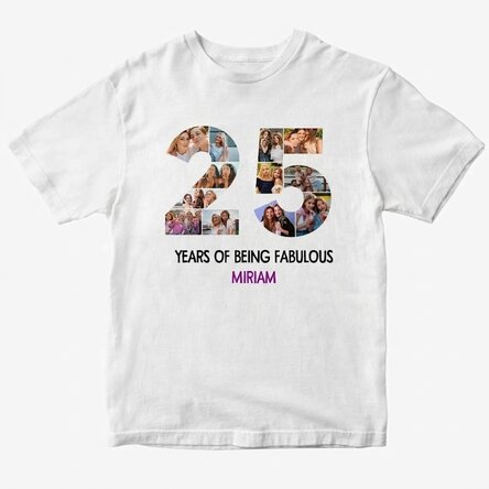 Personalisiertes Baumwoll-T-Shirt mit 12 Fotos und einer Botschaft – 25 Jahre