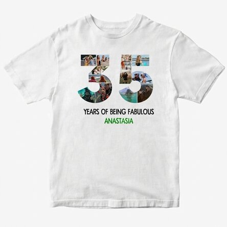 Personalisiertes Baumwoll-T-Shirt mit 12 Fotos und einer Botschaft – 35 Jahre