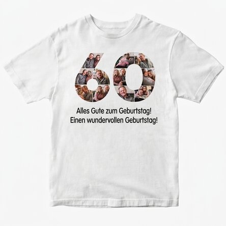 Personalisiertes Baumwoll-T-Shirt mit 11 Fotos und einer Botschaft – 60 Jahre
