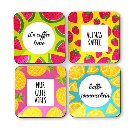 Set mit 4 personalisierten Untersetzern mit Text – Summer