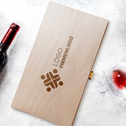 Personalisierte Weinkiste für zwei Flaschen Wein mit Logo