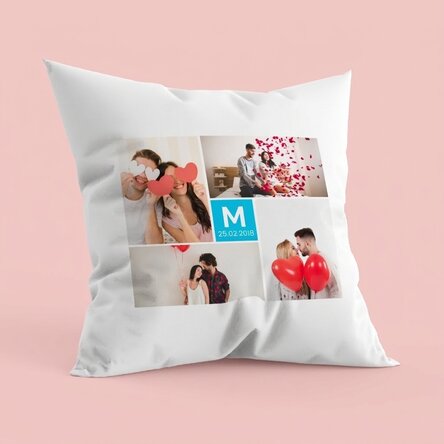 Personalisiertes Kissen mit 4 Fotos und einer Initiale