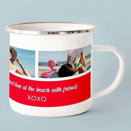 Personalisierte emaillierte Metalltasse mit 3 Fotos und Text