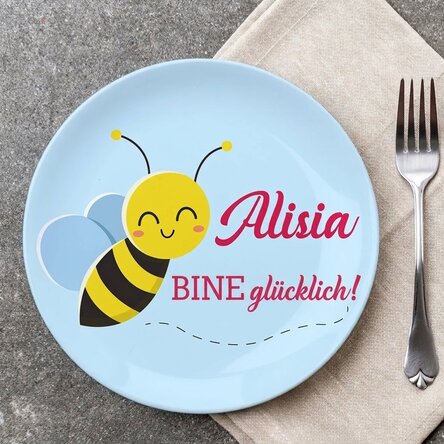 Personalisierter Teller mit Schriftzug – Bee happy!