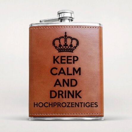 Personalisierte, mit Leder ummantelte Taschenflasche – Keep Calm