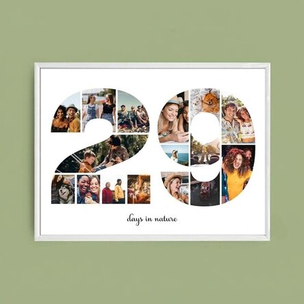 Personalised landscape canvas with 16 photos, model number 29, and text message