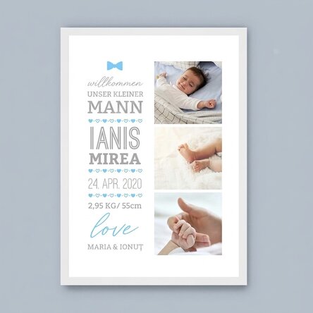 Individuell gestaltetes Bild mit Text und 3 Fotos – Hello, baby (Junge)