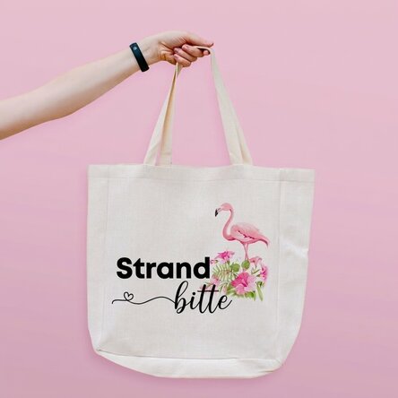 Personalisierte Strandtasche mit Schriftzug – Modell „Beach please“ mit Flamingo-Motiv