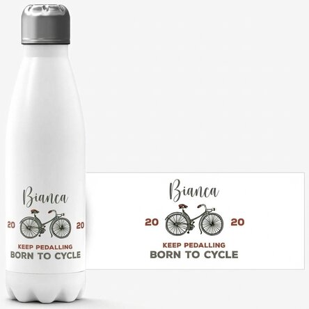 Thermoskanne mit weißem Boden, individuell mit Namen und Text bedruckt – Fahrrad
