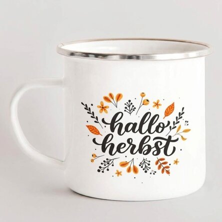 Emaillierter Metallbecher mit Aufdruck – „Hello Autumn“