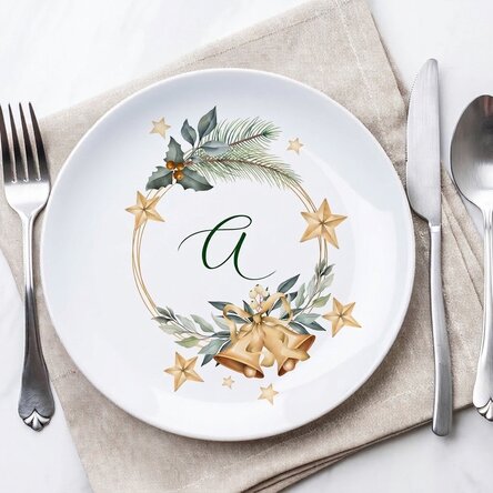 Personalisierter Teller mit Initiale – Golden Christmas Bells