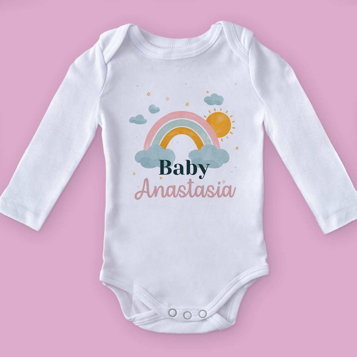 Personalisierter Baby-Body mit Namen – Regenbogen
