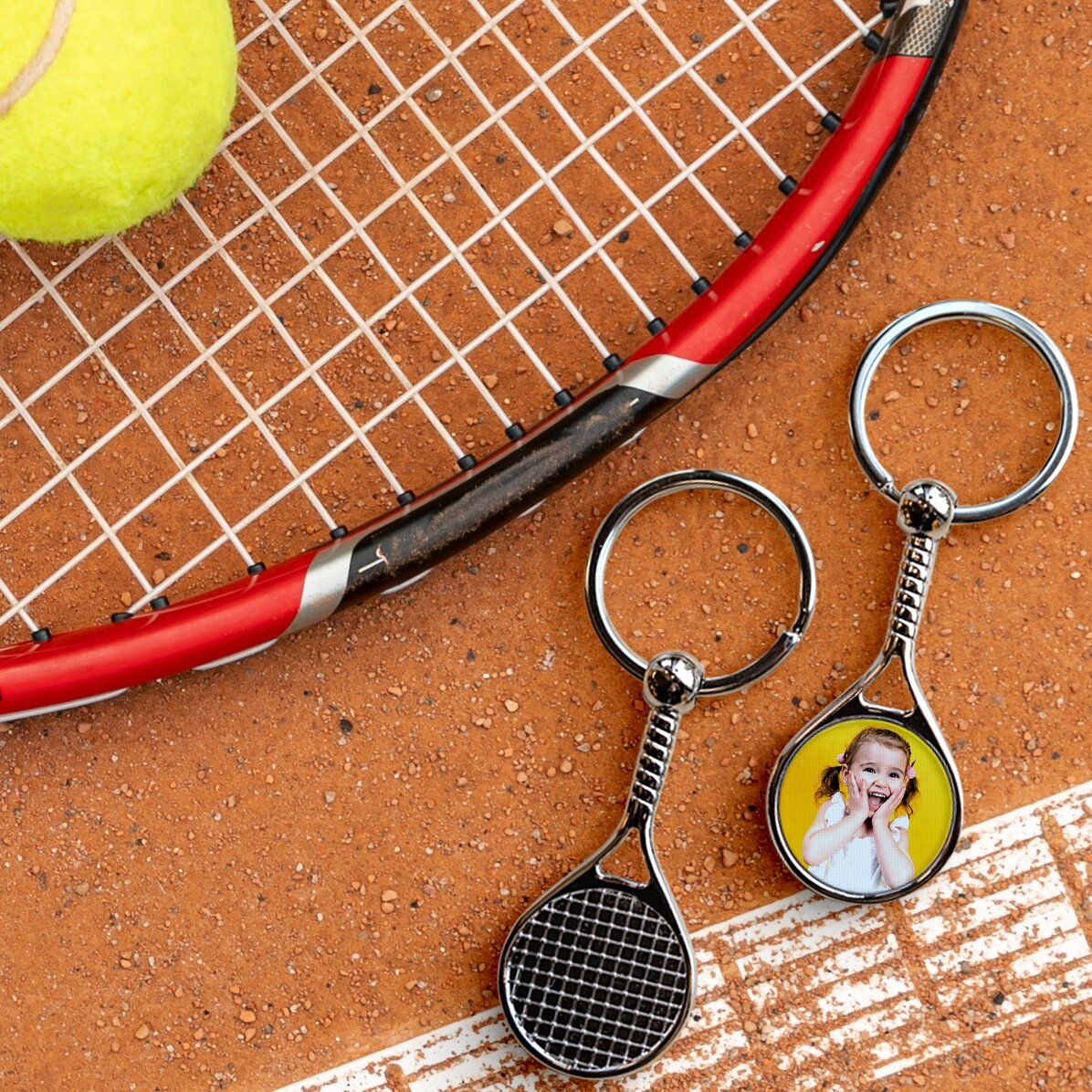 Schlüsselanhänger in Form eines Tennisballes, individuell mit Foto gestaltet – Happy