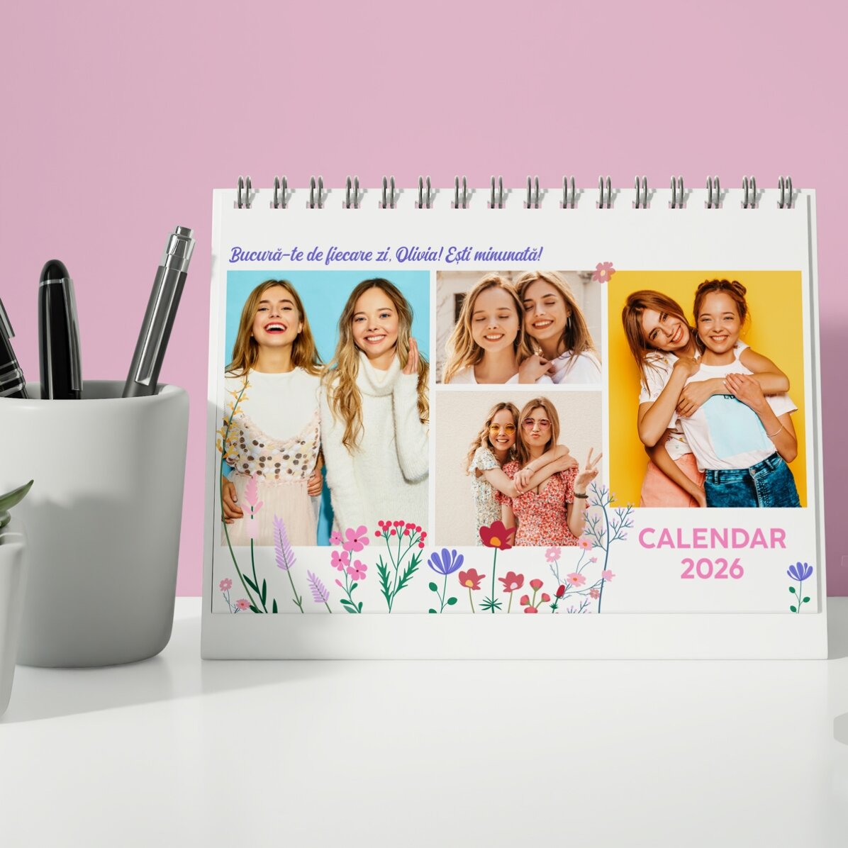 Personalised desk calendar with photos and text - Floral