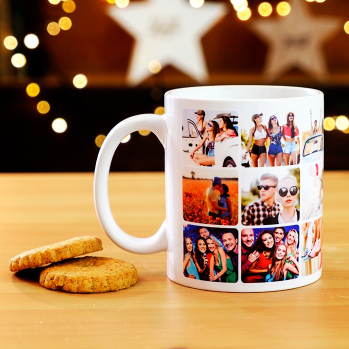 Personalisierte Tasse mit einer Collage aus 18 Fotos