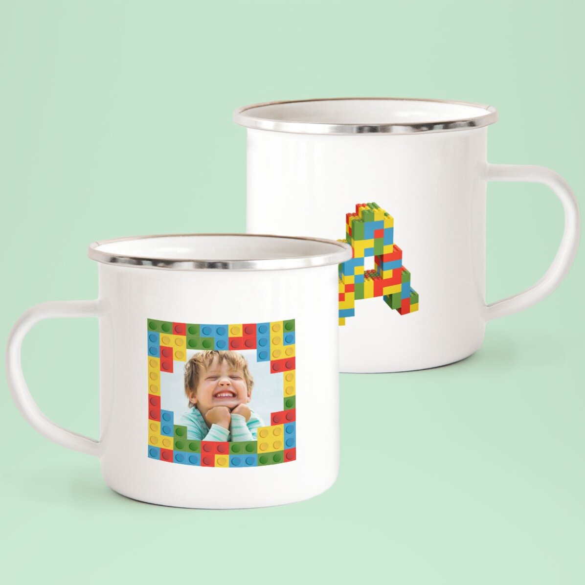 Personalisierte Emaille-Tasse mit Foto und Initiale – Lego