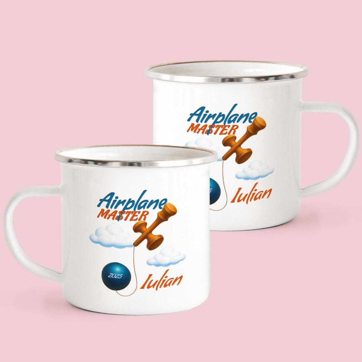 Emaillierter Metallbecher mit Namensaufdruck für Kinder – Airplane Master