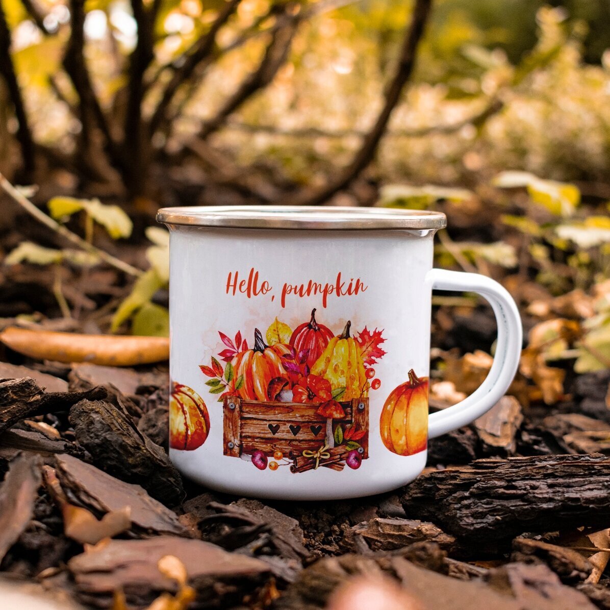 Enamelled metal mug with text - Hello, pumpkin