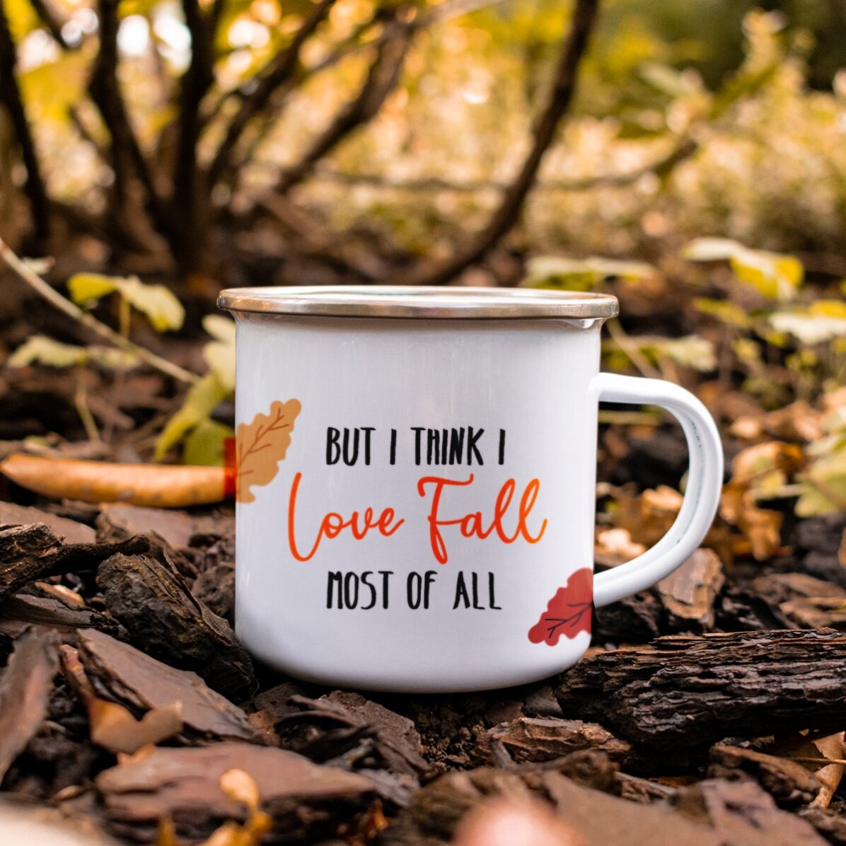 Enamelled metal mug with text - I love fall