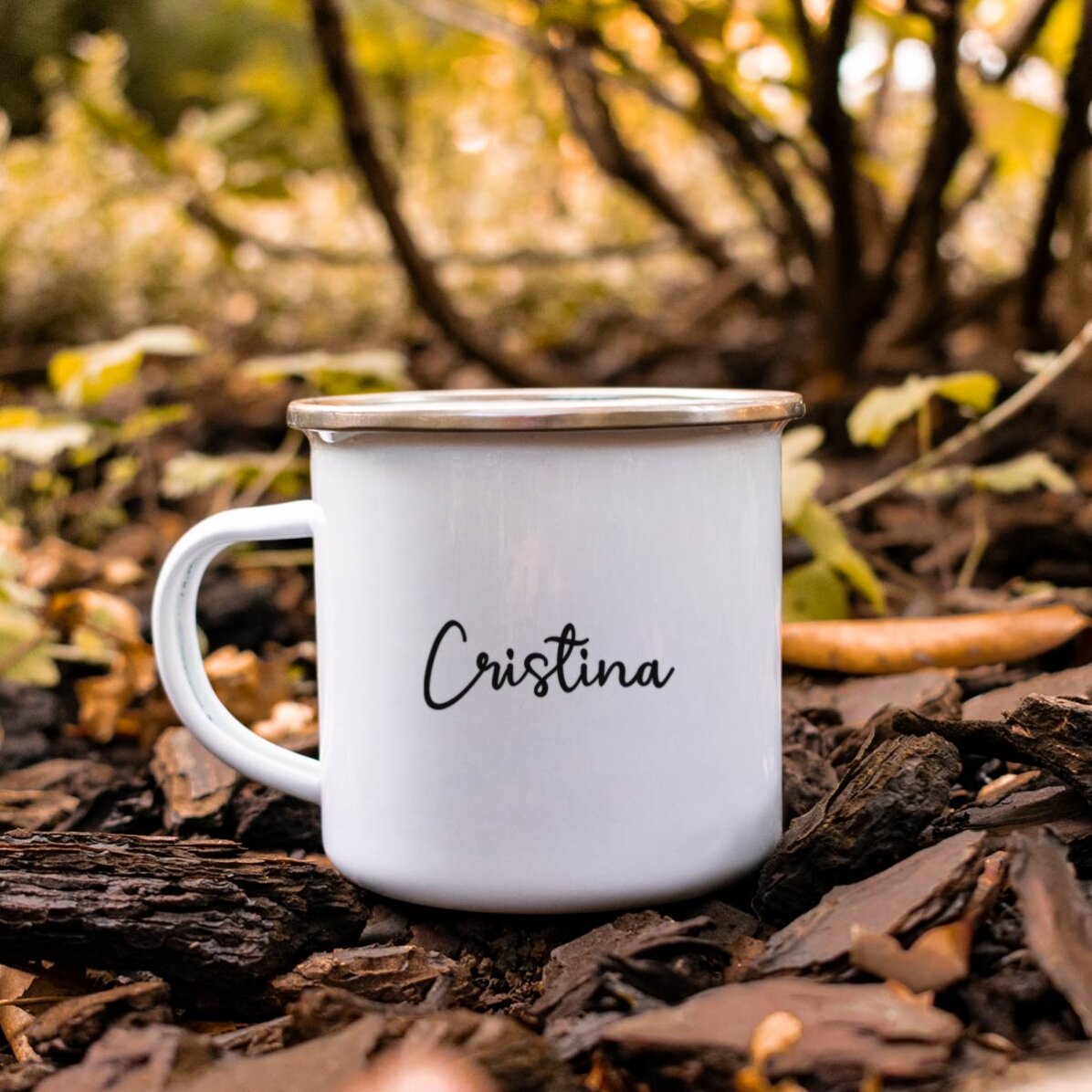 Enamelled metal mug with text - I love fall