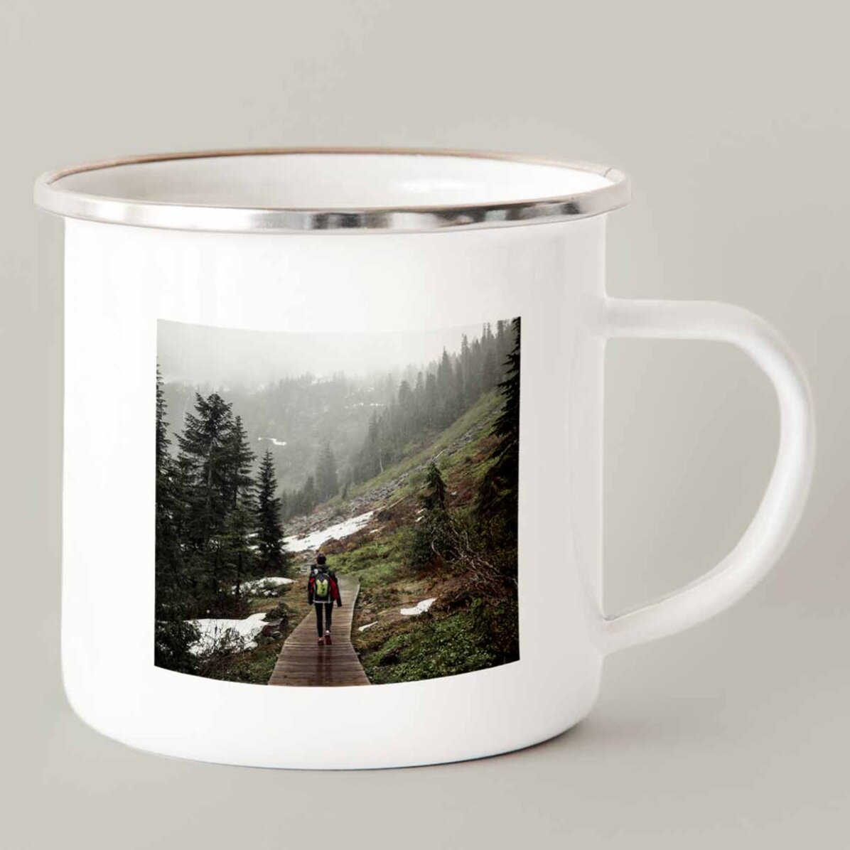 Personalisierte emaillierte Metalltasse mit Foto – Sammle Momente, keine Dinge
