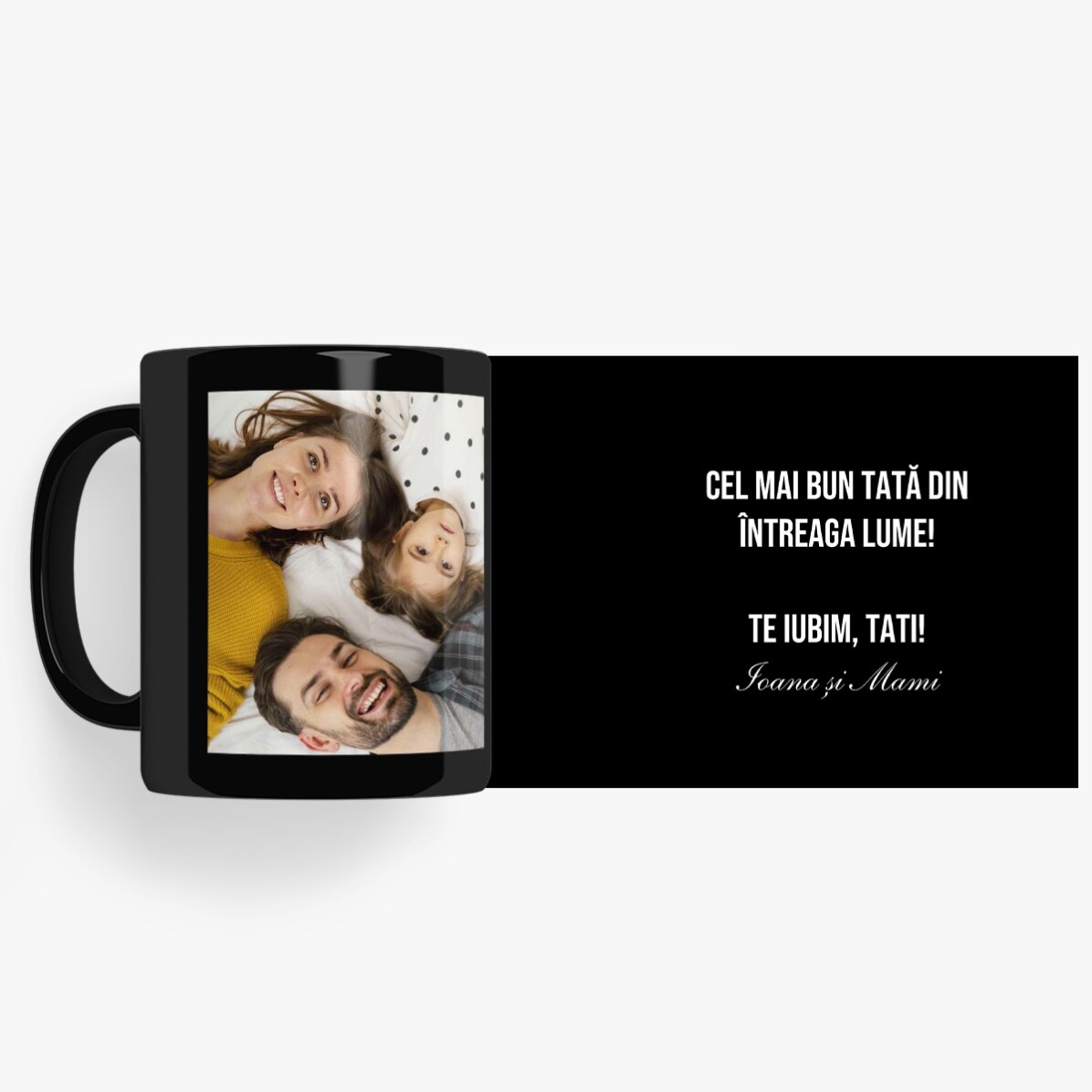 Personalisierte schwarze Tasse mit einem Foto und einer Botschaft