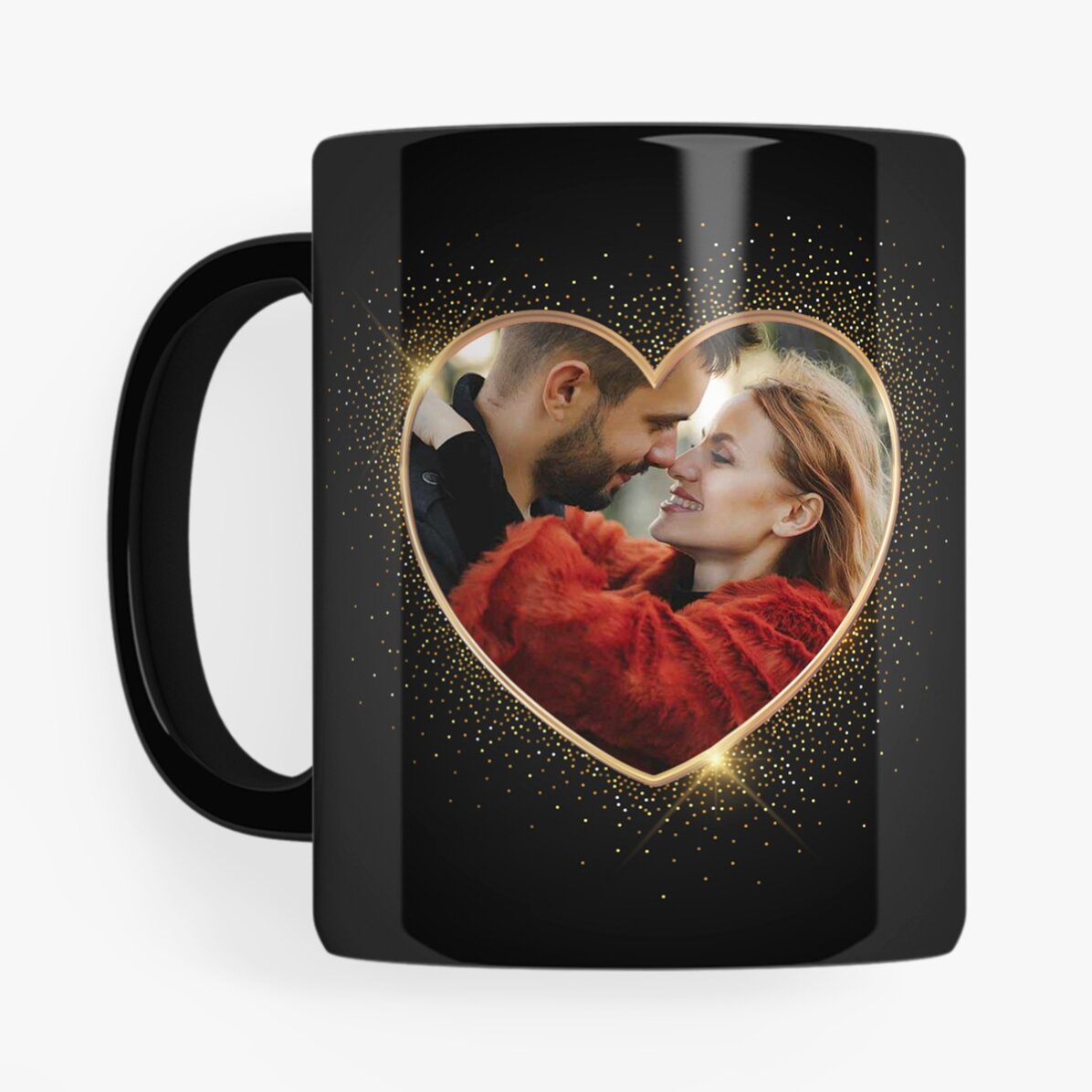 Personalisierte schwarze Tasse mit Foto und Text – 2 Seelen