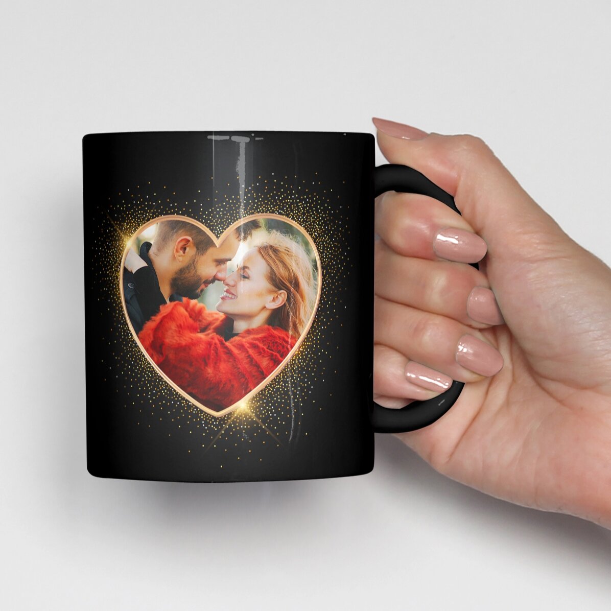 Personalisierte schwarze Tasse mit Foto und Text – 2 Seelen
