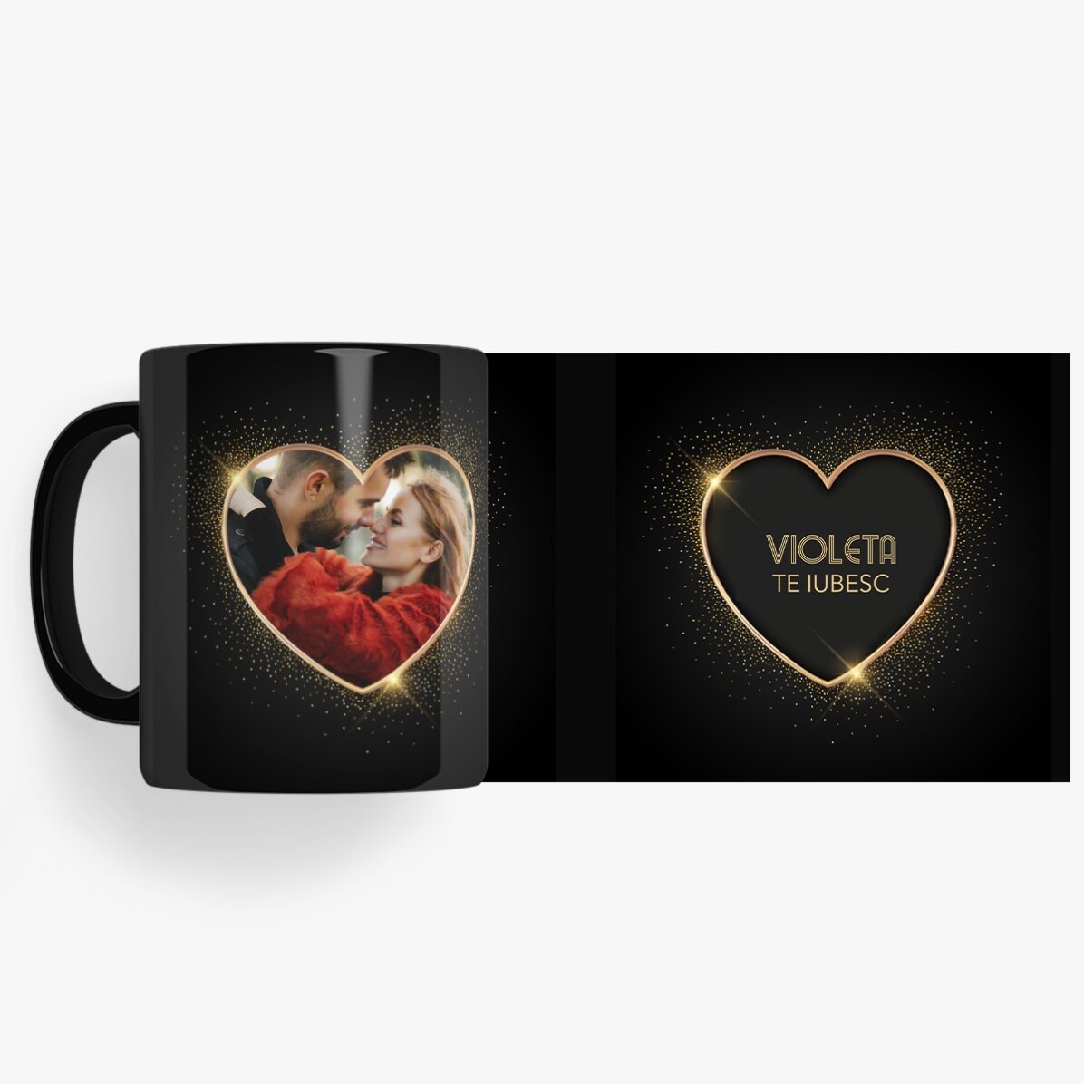 Personalisierte schwarze Tasse mit Foto und Text – 2 Seelen