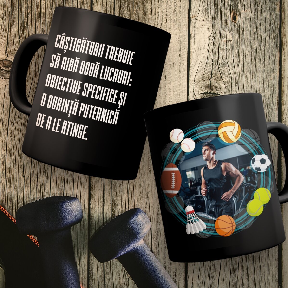 Personalisierte schwarze Tasse mit Aufdruck für Sportler