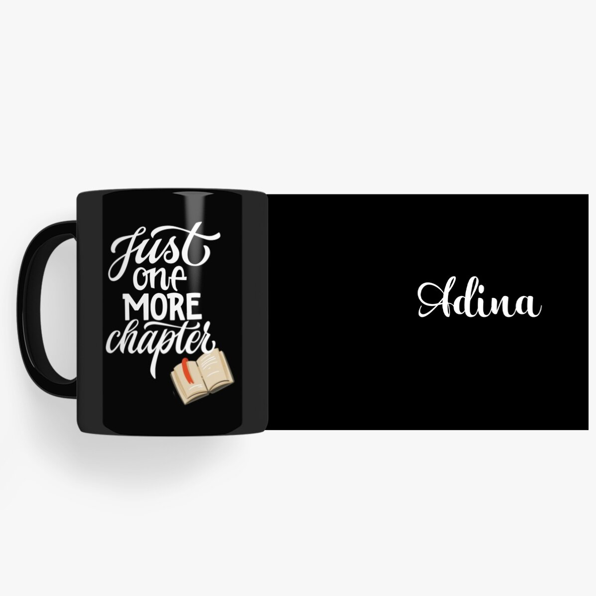 Personalisierte schwarze Tasse mit Text und deinem Namen – One more chapter