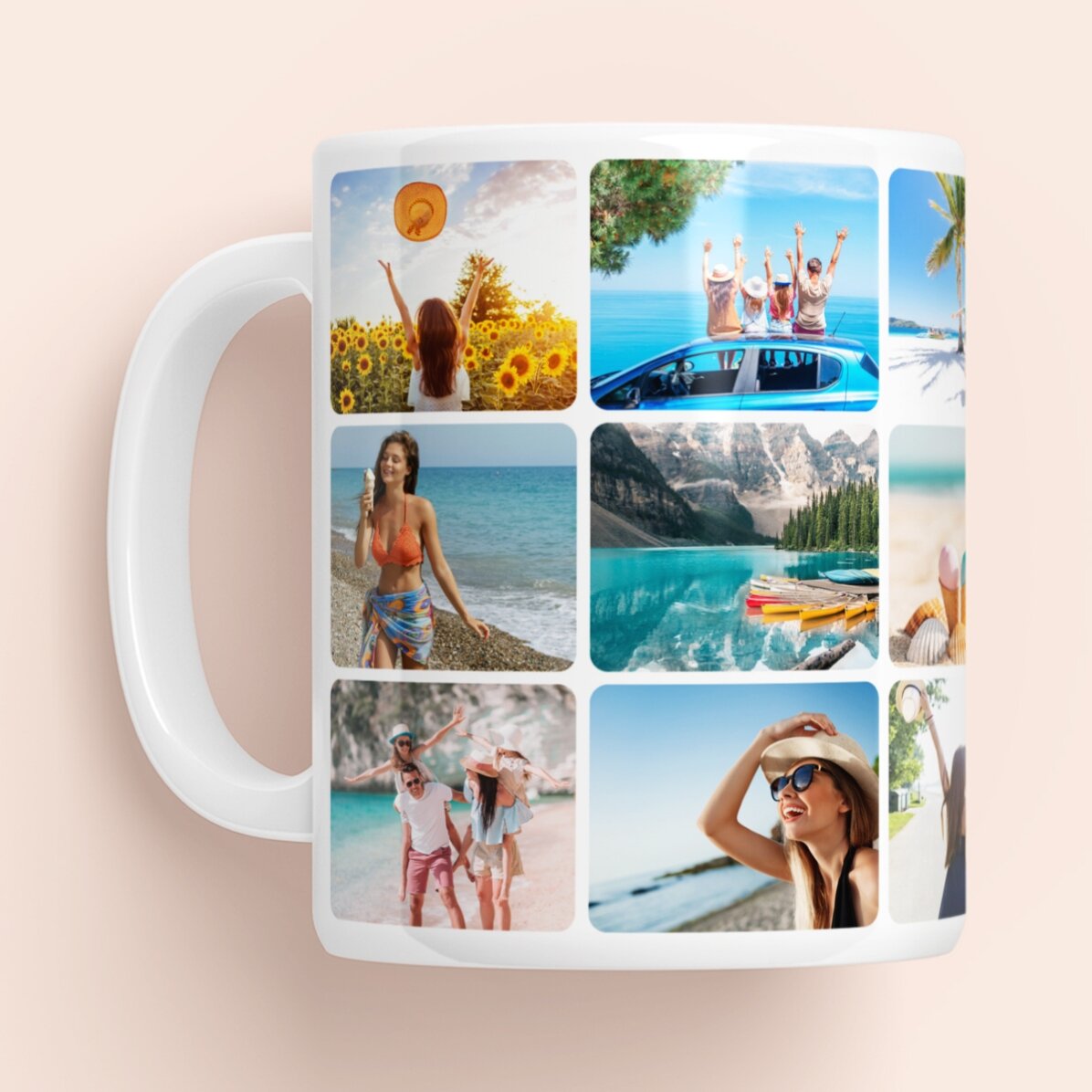 Personalisierte Tasse mit einer Collage aus 18 Fotos