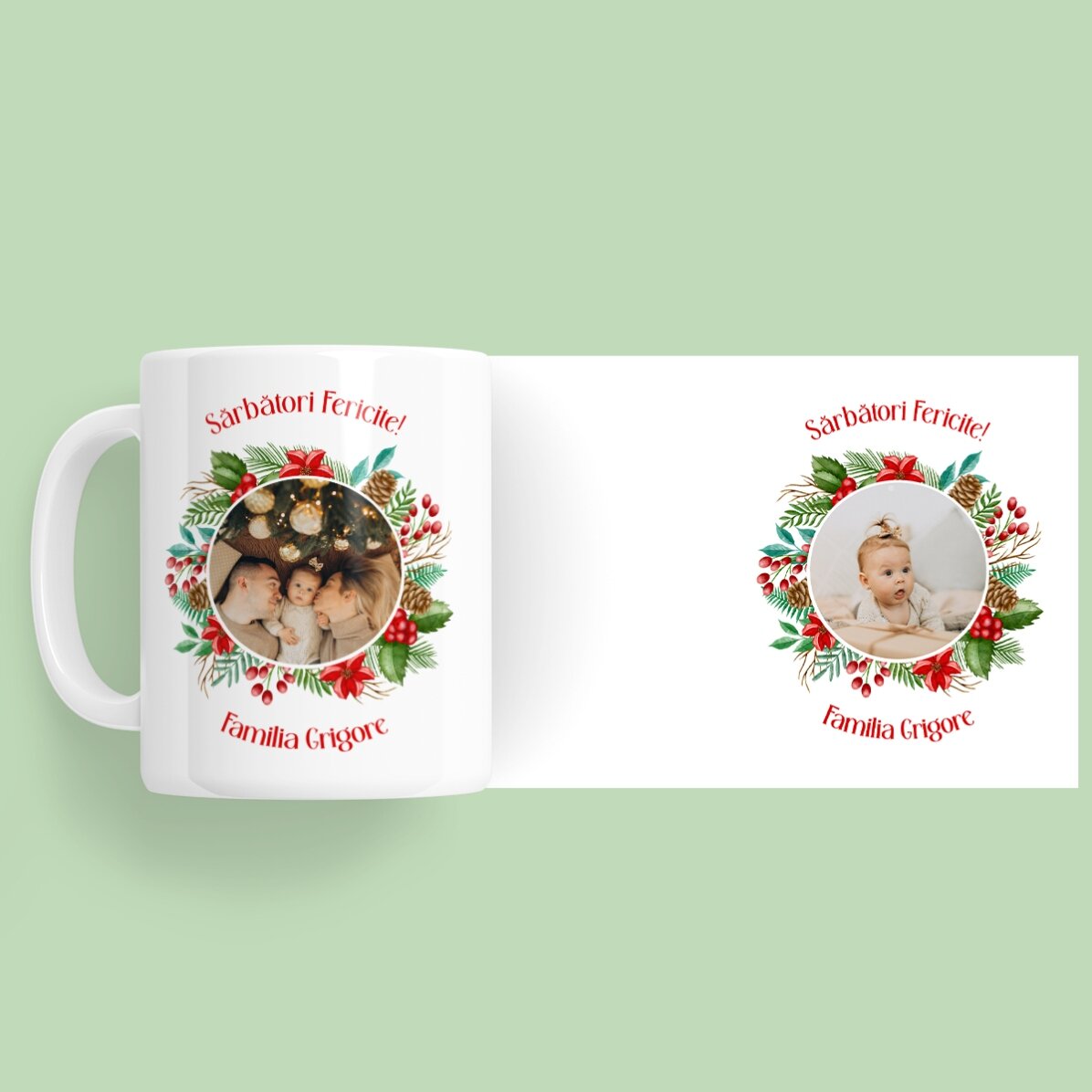 Personalisierte Tasse mit 2 Fotos und einer Botschaft – Frohe Feiertage!