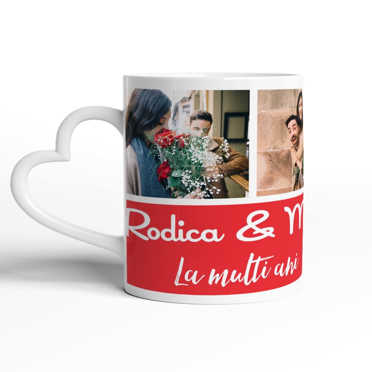 Personalisierte Tasse mit 3 Fotos und Text – Modell mit herzförmigem Henkel