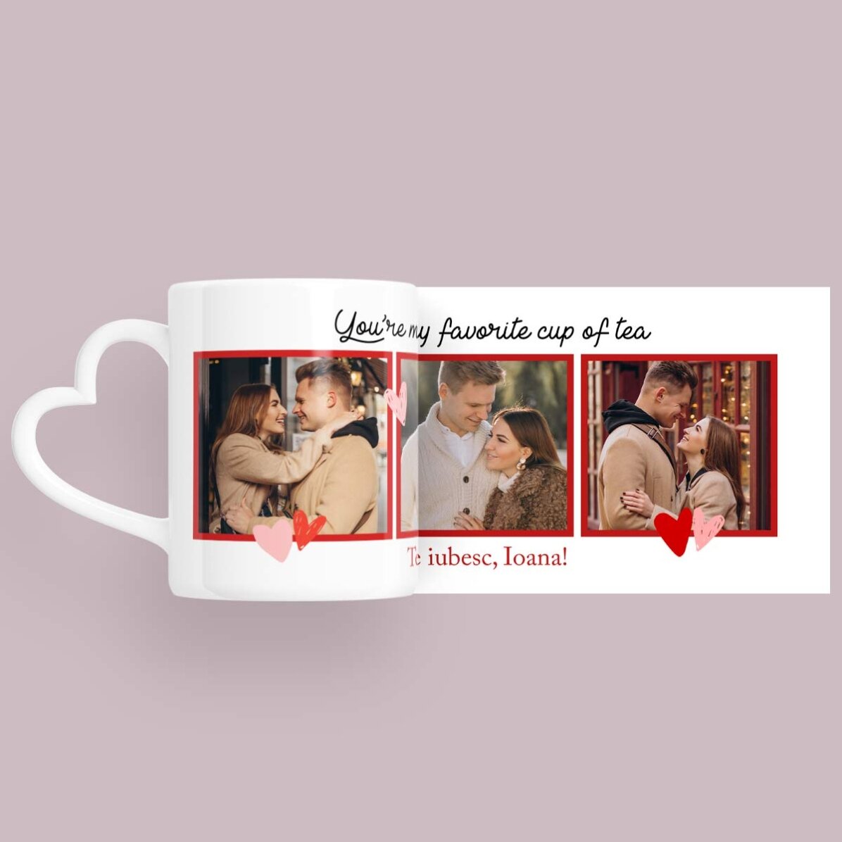 Personalisierte Tasse mit 3 Fotos und Text – „My favorite“ – Modell mit herzförmigem Henkel