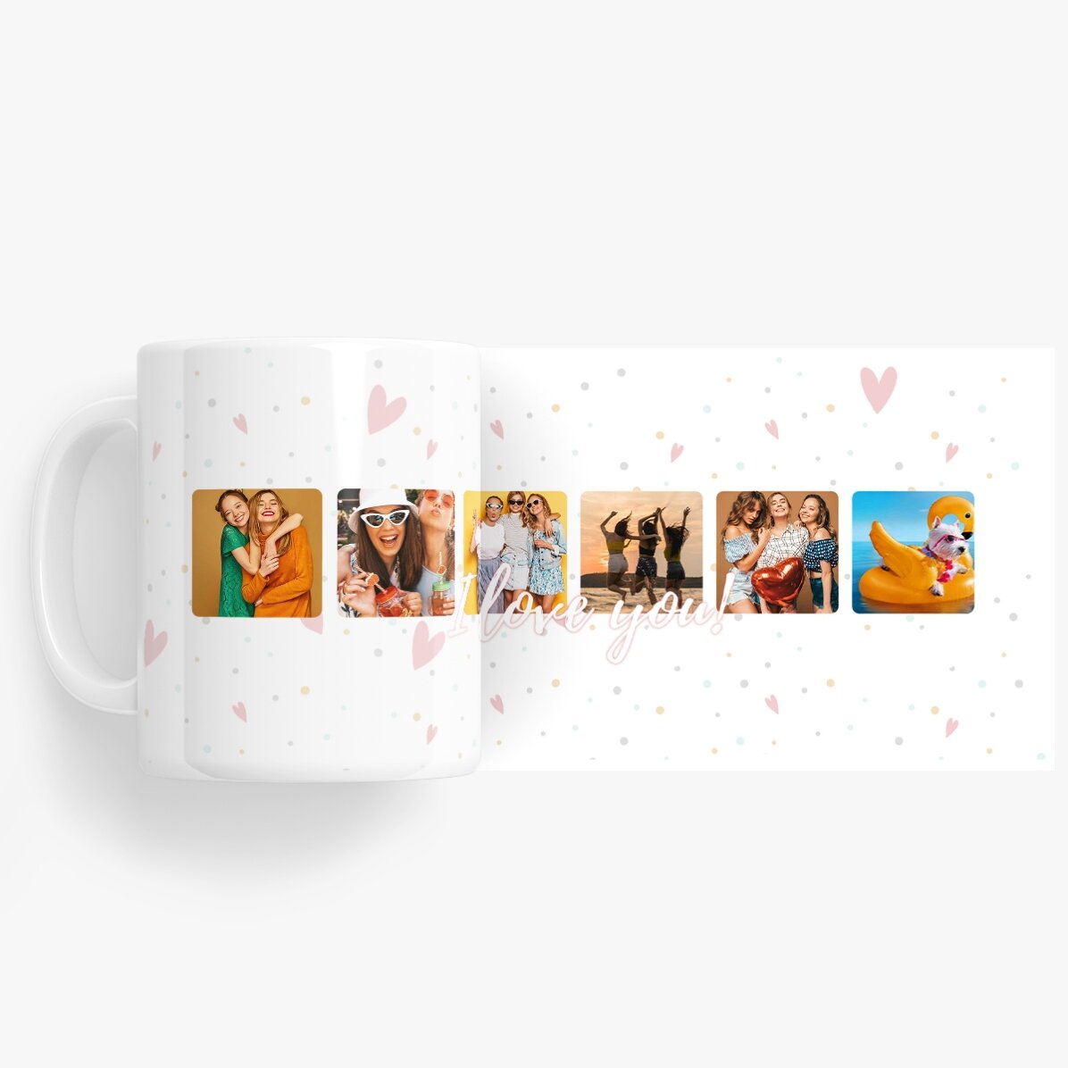Personalisierte Tasse mit 6 quadratischen Fotos und dem Text „I love You“ – Celebrate love