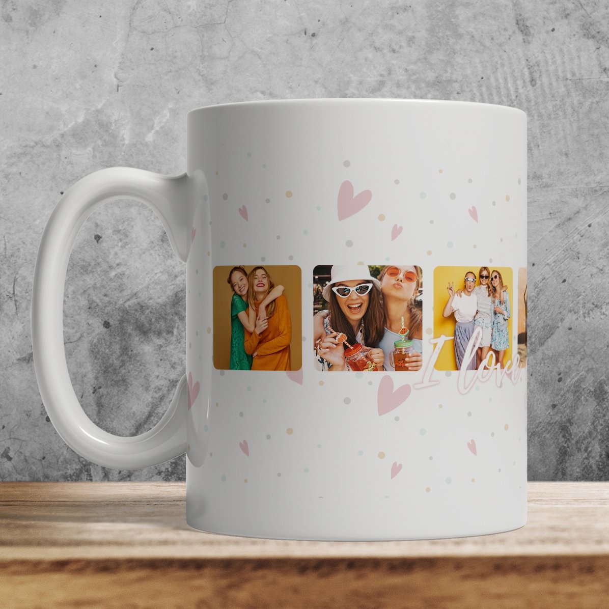 Personalisierte Tasse mit 6 quadratischen Fotos und dem Text „I love You“ – Celebrate love