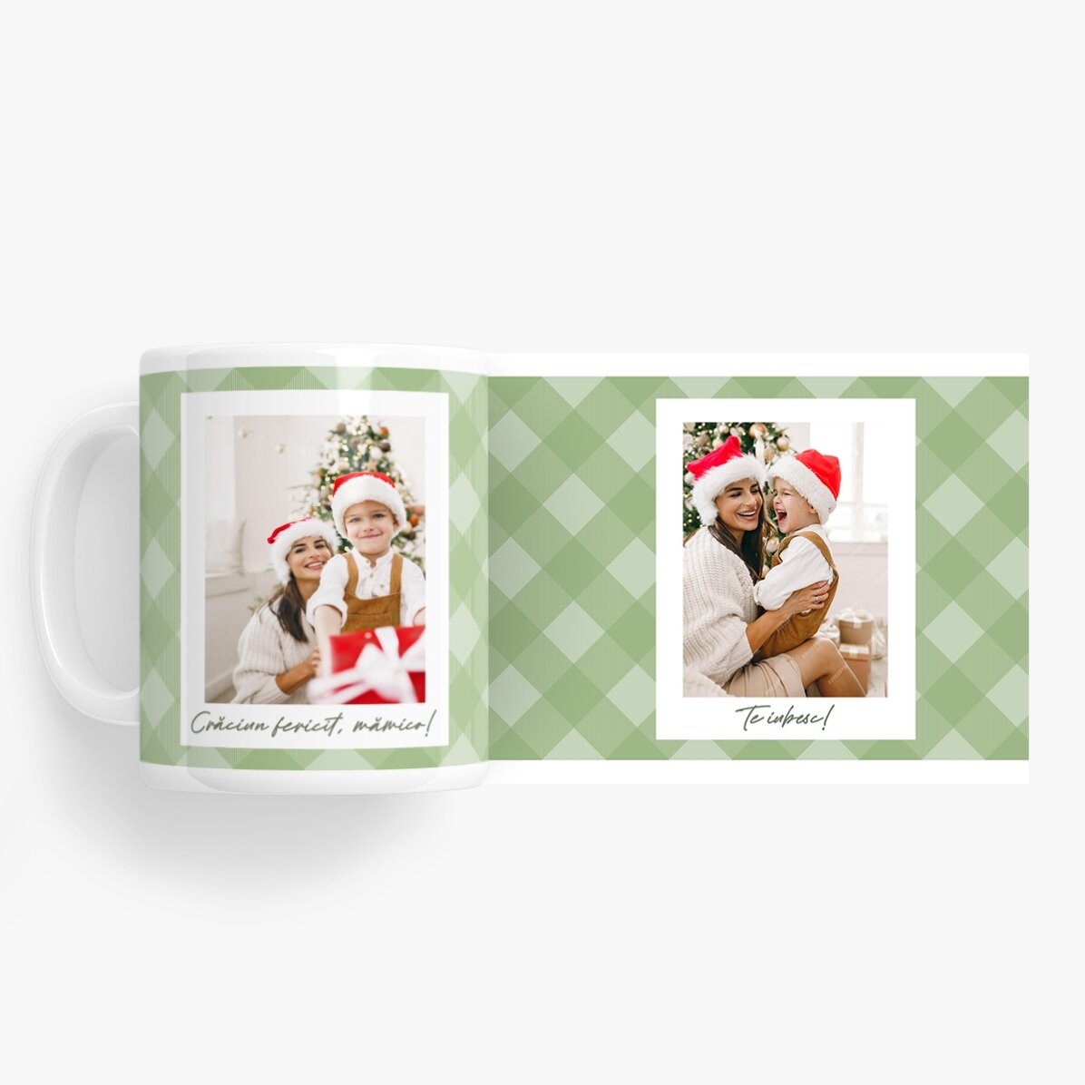 Personalisierte Tasse mit zwei Fotos und Text – Grüne Karos