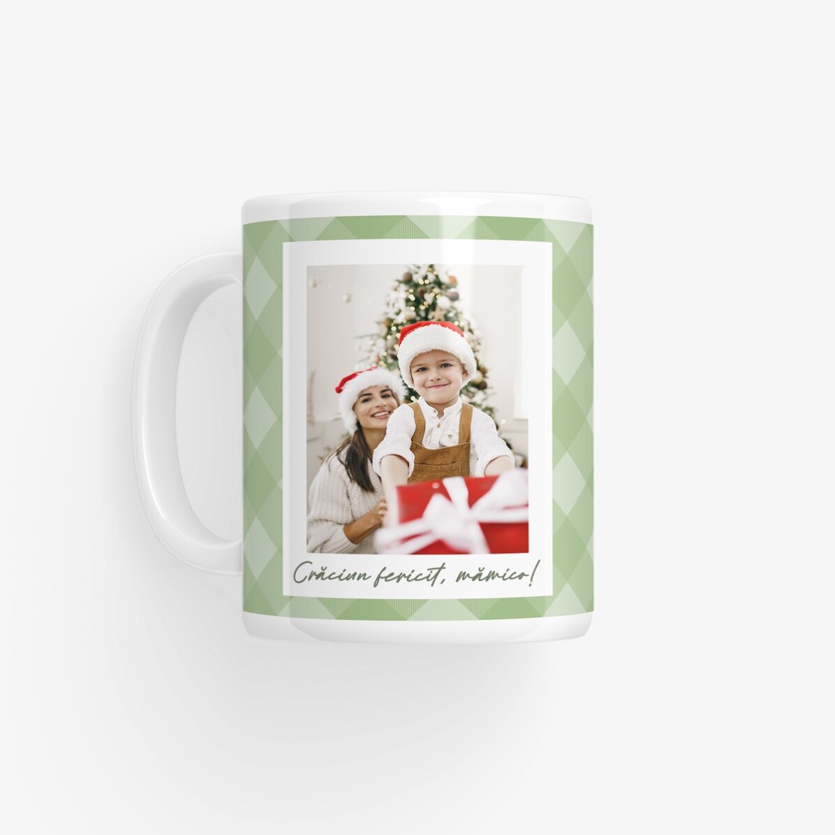 Personalisierte Tasse mit zwei Fotos und Text – Grüne Karos