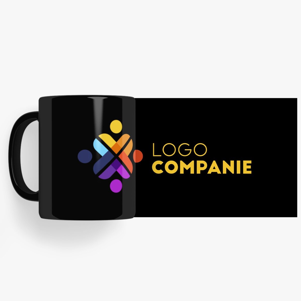 Personalisierter Becher mit Logo auf schwarzem Hintergrund