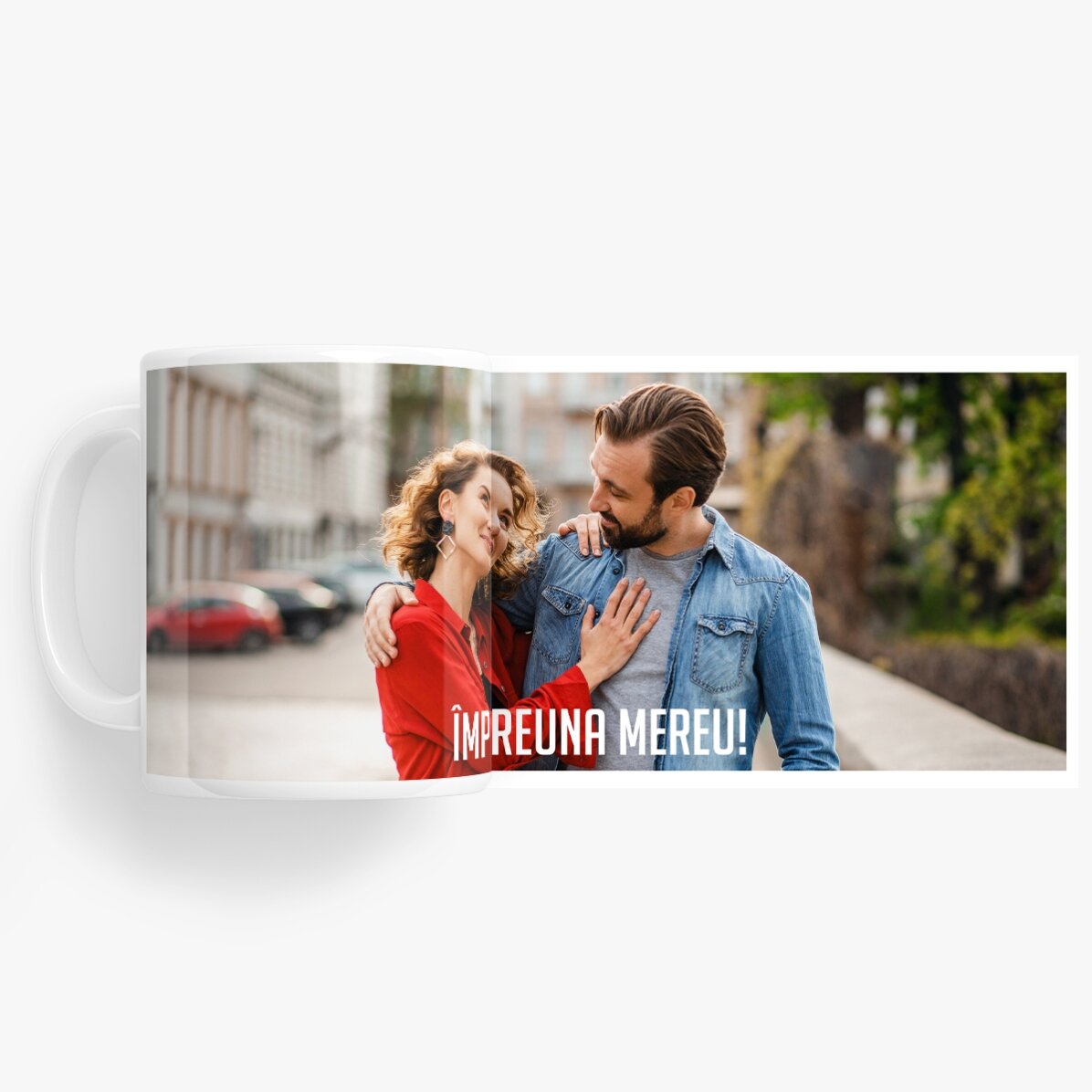 Personalisierte Tasse mit einem Querformat-Foto und Text