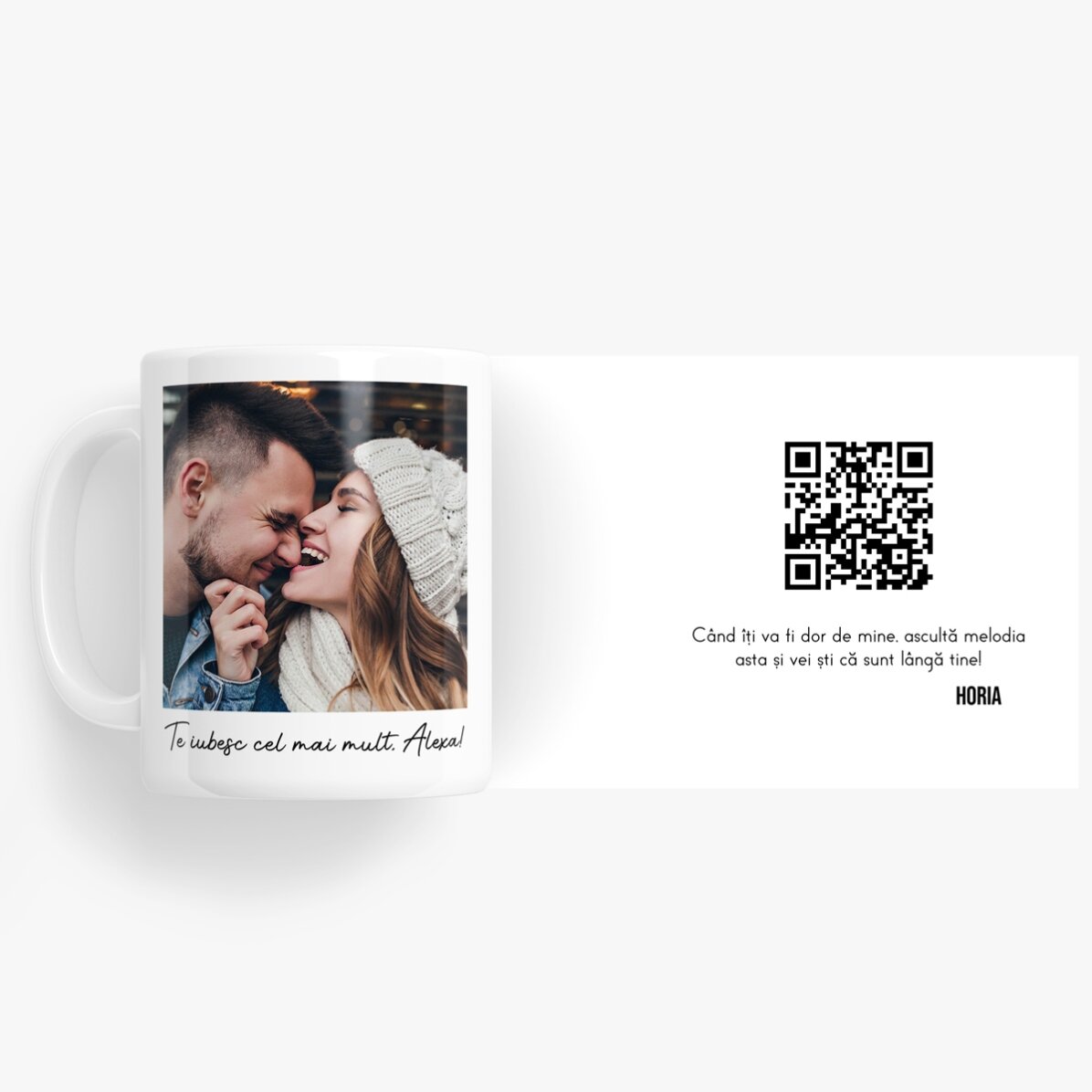 Personalisierte Tasse mit Foto, Botschaft und QR-Code