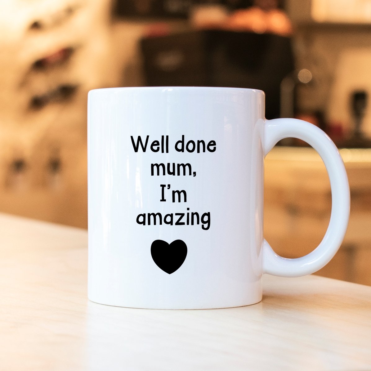 Personalisierte Tasse mit Foto und Text – „Well done, Mum“