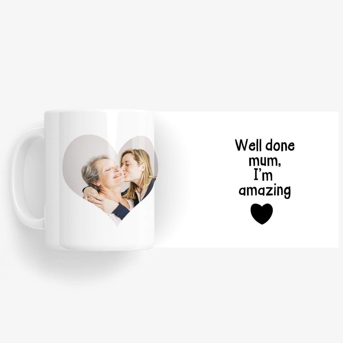 Personalisierte Tasse mit Foto und Text – „Well done, Mum“