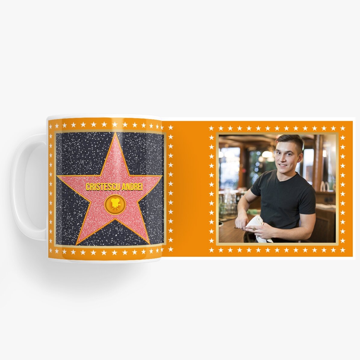 Personalisierte Tasse mit einem Foto – Stern der Dankbarkeit, orangefarbener Hintergrund