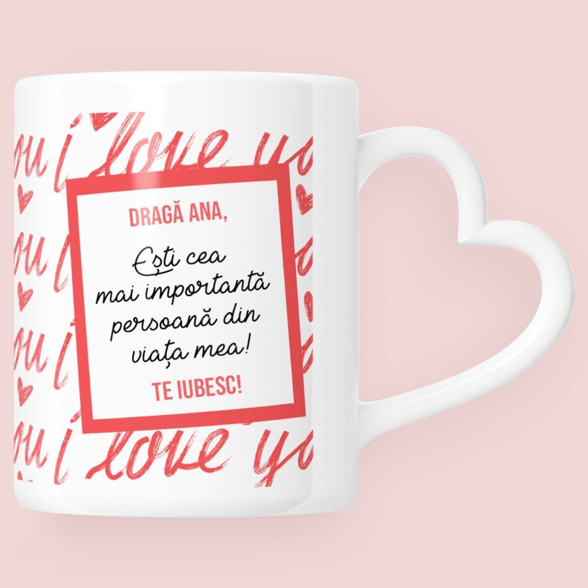 Personalisierte Tasse mit Foto und Text – Ich liebe dich! – Modell mit herzförmigem Henkel
